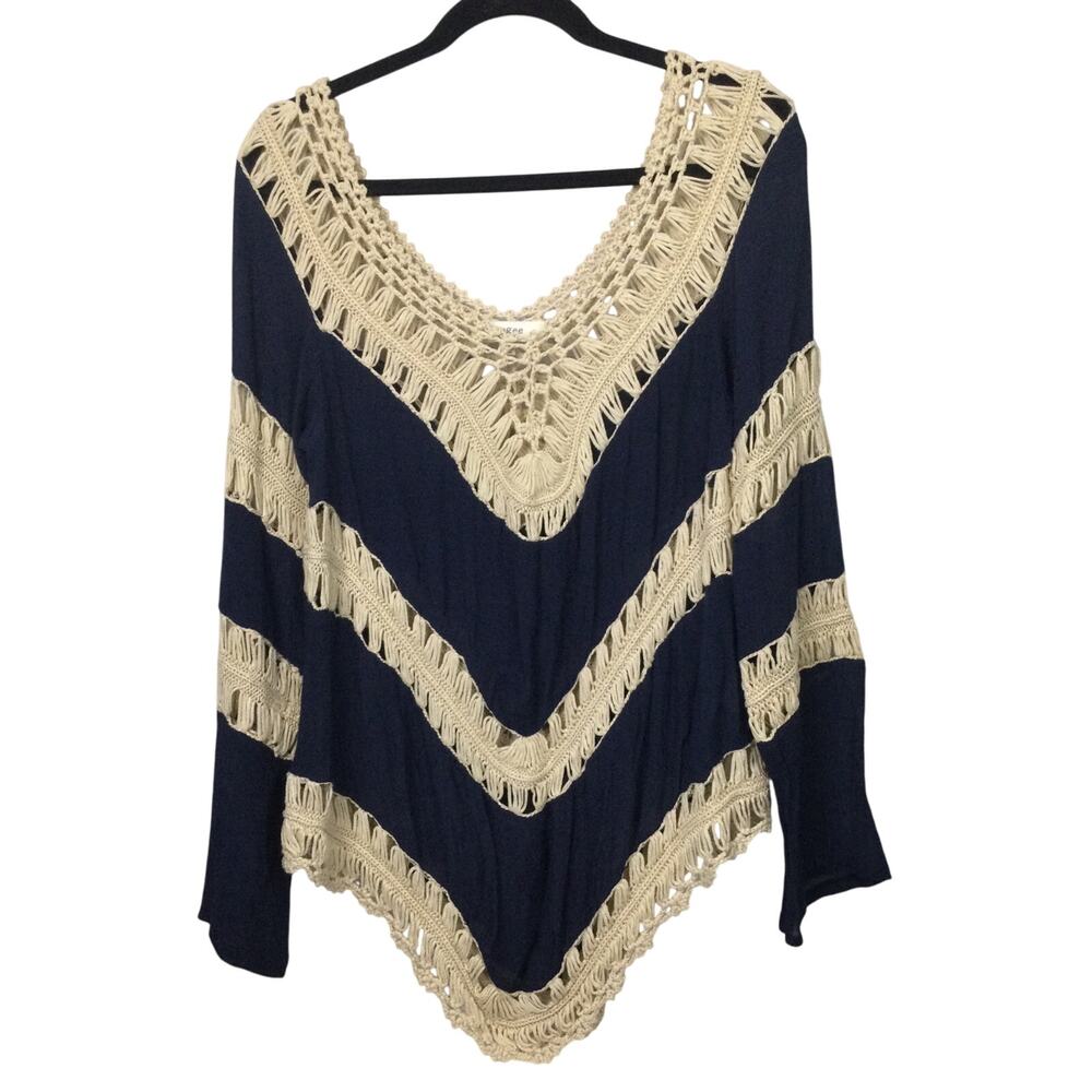Umgee Sheer Crochet Boho Lightweight Asymmetric Hem Blue Pullover Coverup Top M